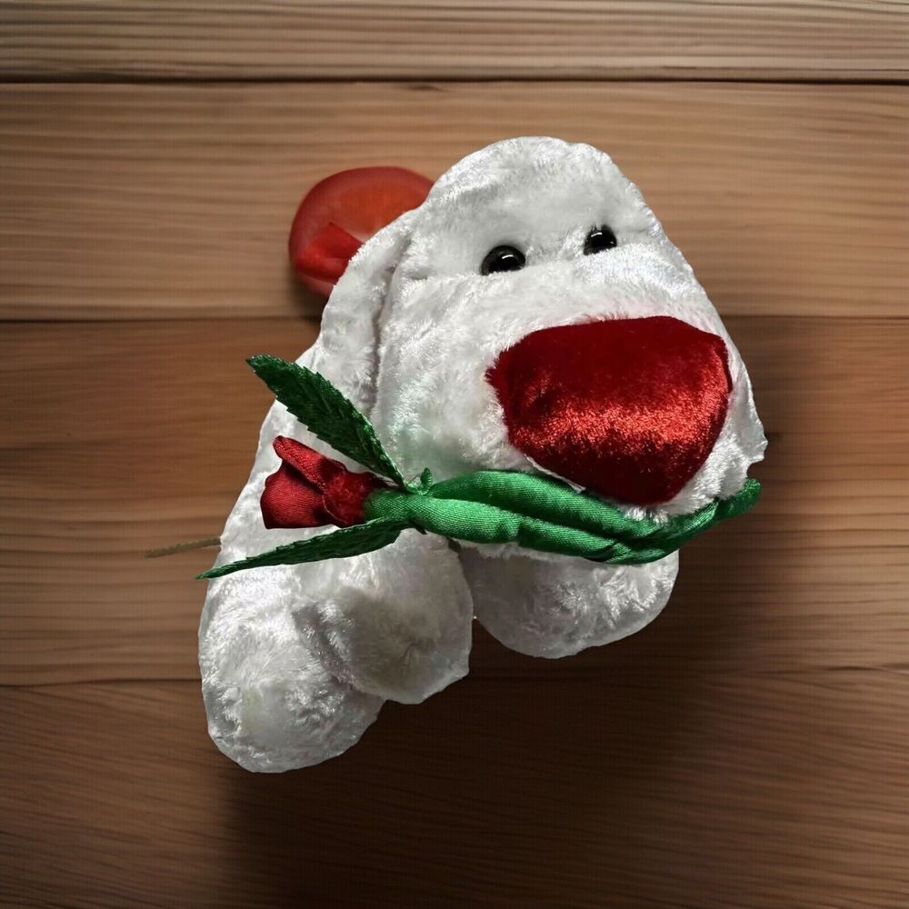 Dan Dee Valentine White Puppy Dog Plush Red Heart Nose Holding Rose Stuffed Toy